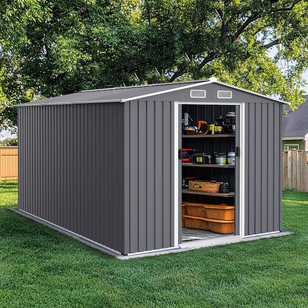 8 ft.W x 12 ft.D Outdoor Metal Garden Shed,Tool House with Sliding Doors, Air Vent, Backyard, Lawn. Gray (96 sq. ft.)