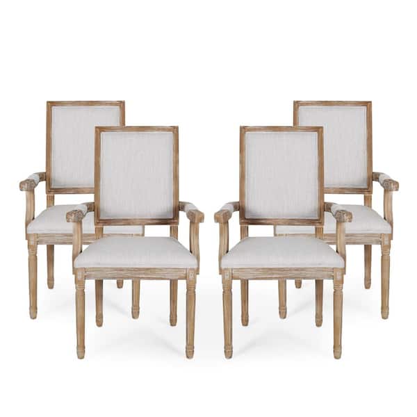 Noble House Aisenbrey Light Gray and Natural Wood and Fabric Arm Chair (Set of 4)