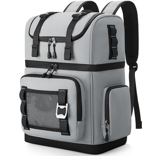 Gray 26L Double Decker Insulated Cooler Picnic Backpack, Waterproof Leakproof Holds 44 Cans
