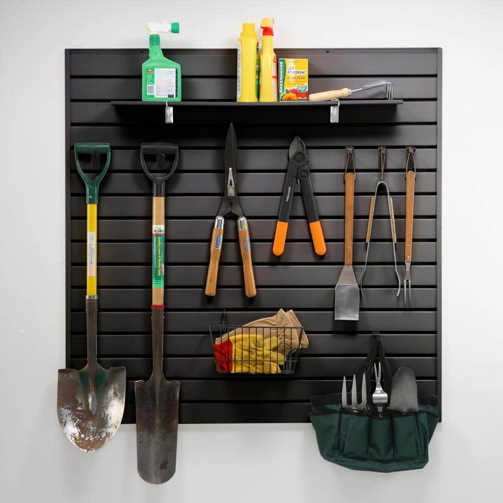 Black Polystyrene 77-Piece Slat Wall Panel Kit for Storage