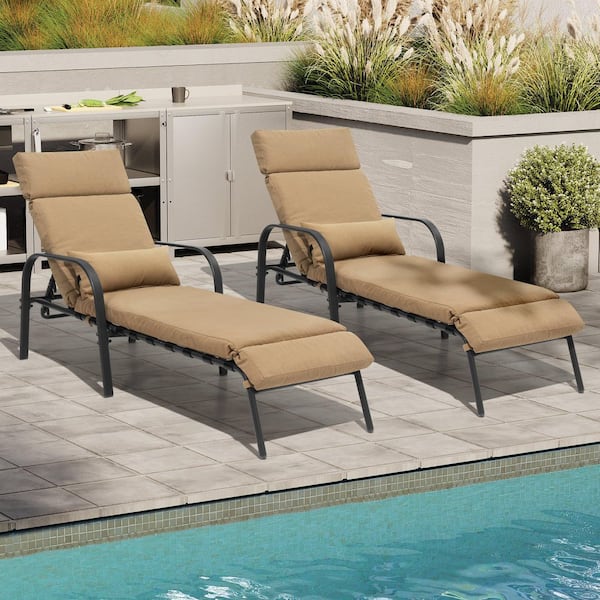 Crestlive Products 2-Piece Metal Outdoor Chaise Lounge Chairs with Backrest with 4-Adjustable Positions Lounge Chair with Cushions in Tan
