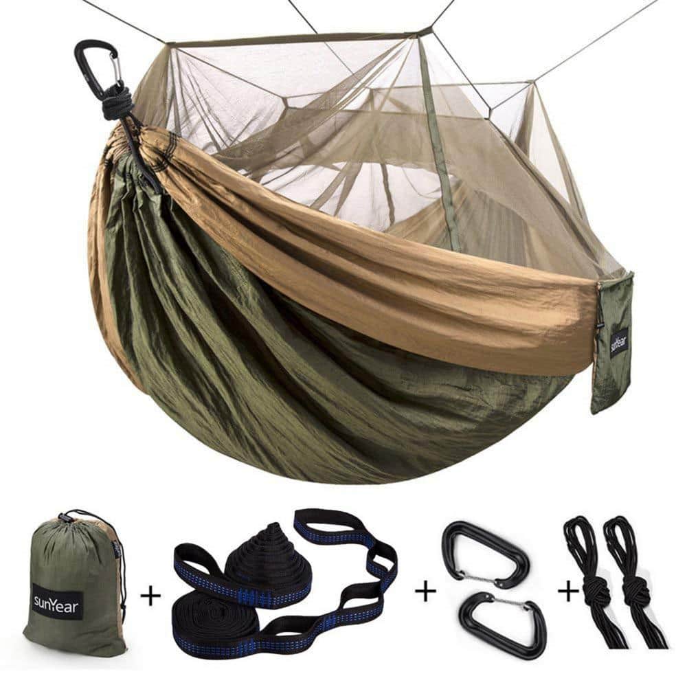 Angel Sar 9 ft. Single Portable Hammock with Net and Two 10 ft. Straps for Outdoor Hiking, Green and Khaki