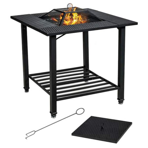 Clihome 31 in. Black Outdoor Fire Pit Dining Table with Cooking BBQ ...