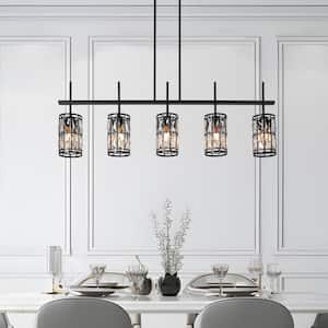 Modern 45.3 in. 5-Light Flat Black Linear Chandelier with Glam Crystal Glass Drum Shades for Kitchen Island Pendant