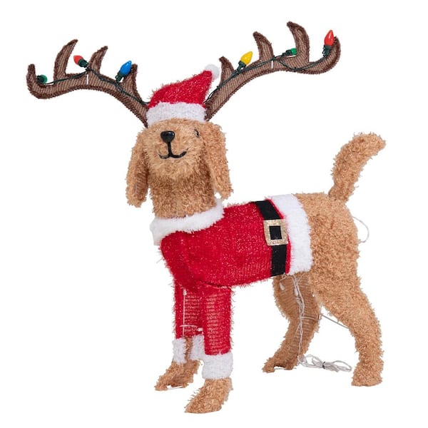 34 in. Christmas Lighted Fabric Dog, 3D Tinsel Santa Dog Outdoor Garden Yard Lawn Festive Holiday Decoration with Lights