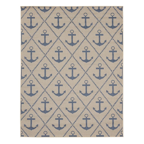Hampton Bay Flatweave Royal Blue Anchor 8 ft. x 10 ft. Indoor/Outdoor Area Rug