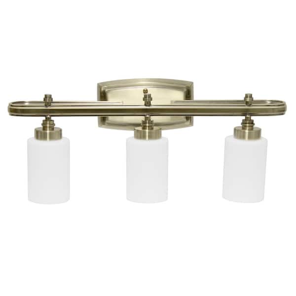 23.5 in. 3-Light Antique Brass Vanity Modern Metal Oval Loop and Milk White Glass Shades with Rectangular Backplate