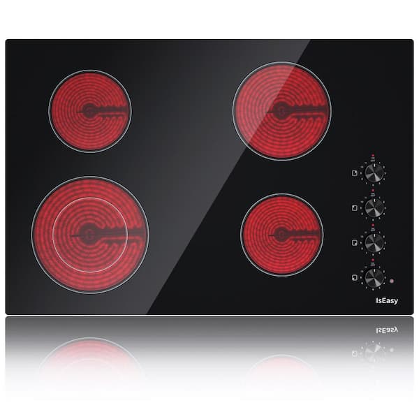 IsEasy 30 in. 4 Elements Ceramic Glass Surface Radiant Electric Cooktop in Black with Knobs and Dual Element