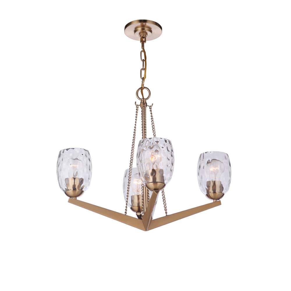 Satin Brass and Crystal 4-Light Chandelier with Water Glass Shades