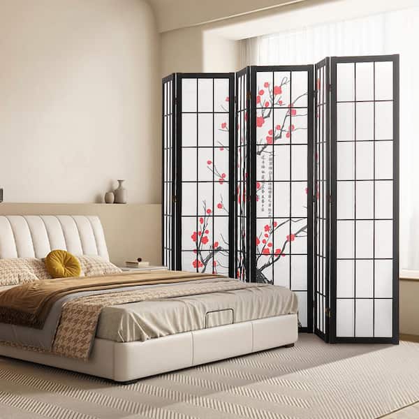 Room Divider,6 Panel Wooden Folding Privacy Screen, Japanese Partition Divider for Indoor, Portable Dividers Black