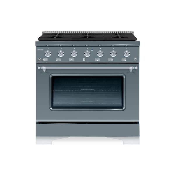 Hallman Classico 36" 5.2 cu. ft. 6-Burners Freestanding Dual Fuel Range Gas Stove and Electric Oven, Blue/Grey with Chrome Trim