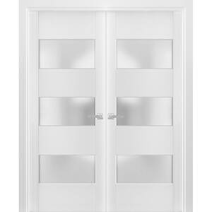 60 in. x 84 in. Universal 3 Lites Frosted Glass Solid White Finished Pine Wood Double Prehung French Door with Hardware