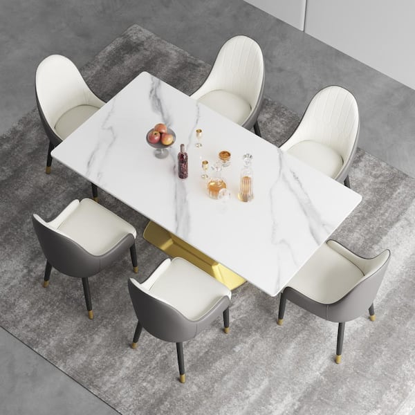 J&E Home 70.86 in. Gold Modern Rectangle Sintered Stone Tabletop Dining Table With Stainless Steel Base (Seats 8)
