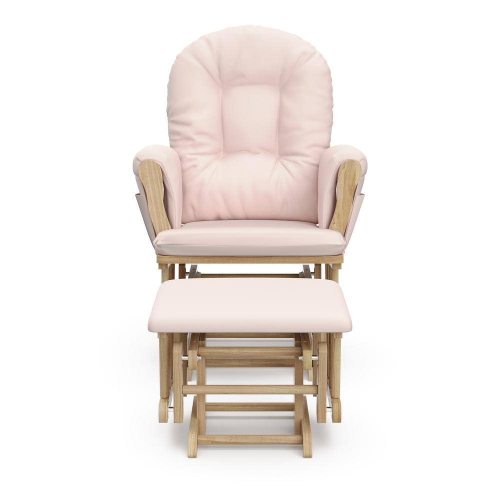 Natural Wood Nursery Glider and Ottoman with Pink Cushions