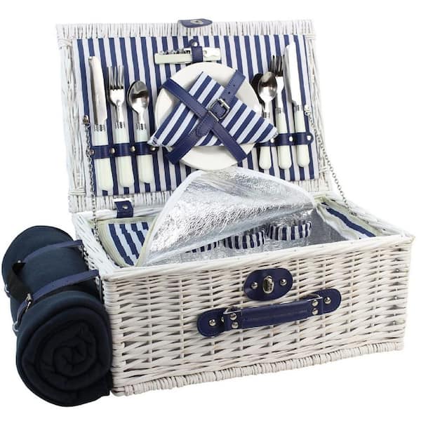 White Wicker Picnic Basket with Insulated Cooler Compartment, Waterproof Blanket and Cutlery Service Kit for 4-Person