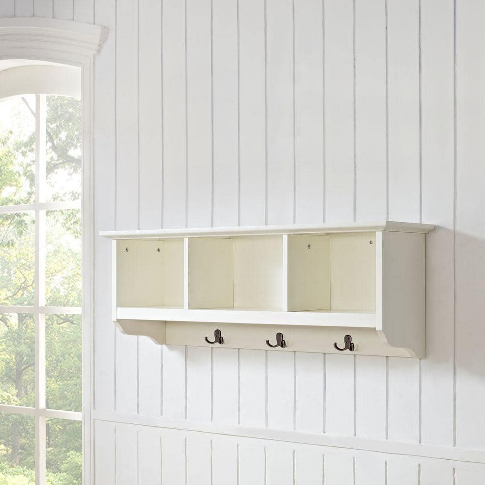 Elegant White Entryway Key/Mail Organizer with Cubbies and Hooks