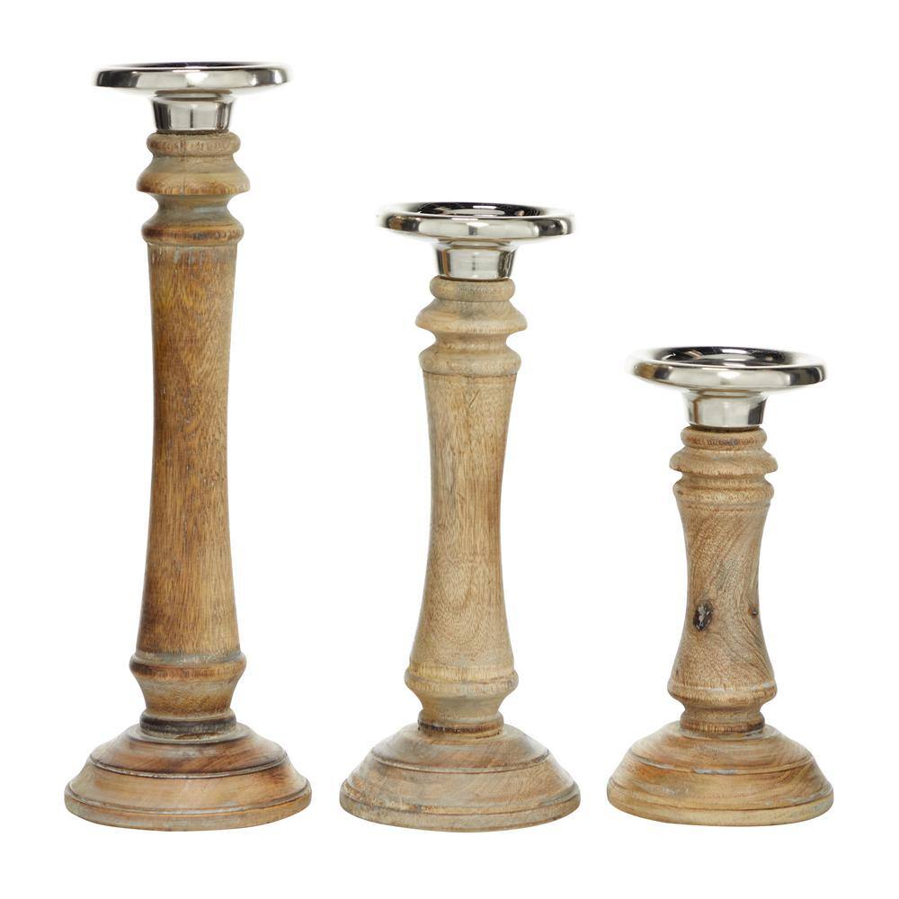 Elegant Mango Wood 9'' Traditional Candlestick Set in Brown