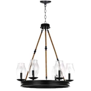 Fritz 6-Light Black/Brown Wagon Wheel Chandelier Lighting with Glass Lantern Shades