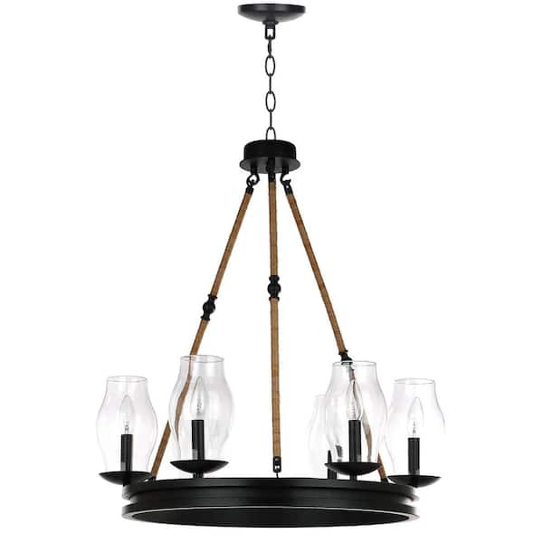 SAFAVIEH Fritz 6-Light Black/Brown Wagon Wheel Chandelier Lighting with Glass Lantern Shades