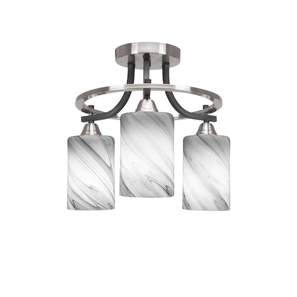 Unbranded Madison 14.25 in. 3-Light Matte Black and Brushed Nickel Semi-Flush Mount with Onyx Swirl Glass Shade