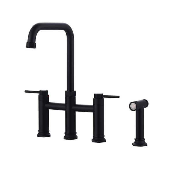 2-Handle High-Arc 4-Hole Deck-Mount Kitchen Faucet with Side Sprayer in Solid Brass Matte Black