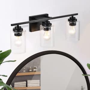 22 in. 3-Light Matte Black Vanity Light with Seedy Glass