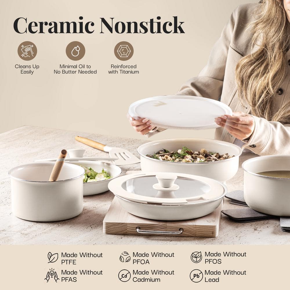 Cream 18-Piece Nonstick Aluminum Cookware Set with Detachable Handles
