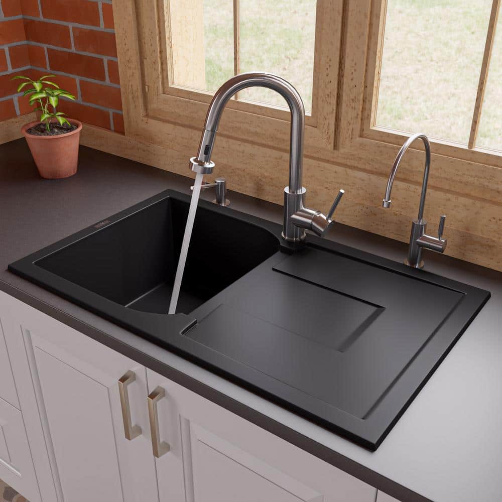 34'' Black Granite Single Bowl Kitchen Sink with Drainboard