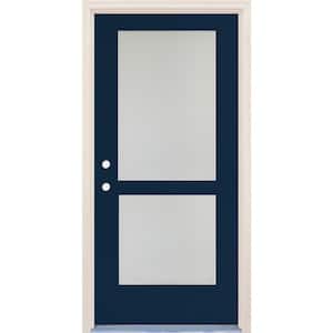 36 in. x 80 in. Right-Hand/Inswing 2 Lite Satin Etch Glass Indigo Painted Fiberglass Prehung Front Door w/4-9/16" Frame