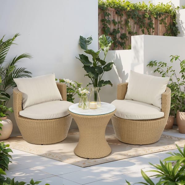 Zane 3-piece Boho Cushioned Outdoor Patio Chat Set, PE Rattan, Aluminum, Tempered Glass, Beige + Light Brown