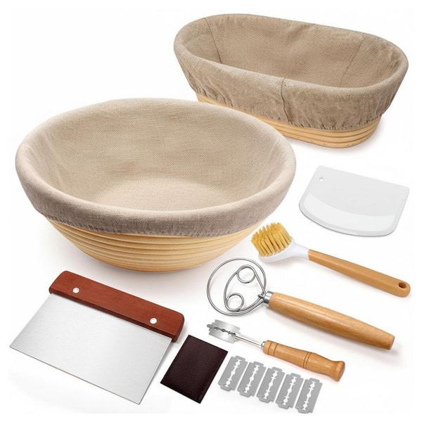 Sourdough Proofing Basket Set, 9 in. Round and 10 in. Oval Banneton with Linen Liners, Bread Lame, Dough Scraper & Whisk