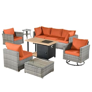Artemis Gray 9-Piece Wicker Patio Rectangular Fire Pit Set with Orange Red Cushions and Swivel Rocking Chairs