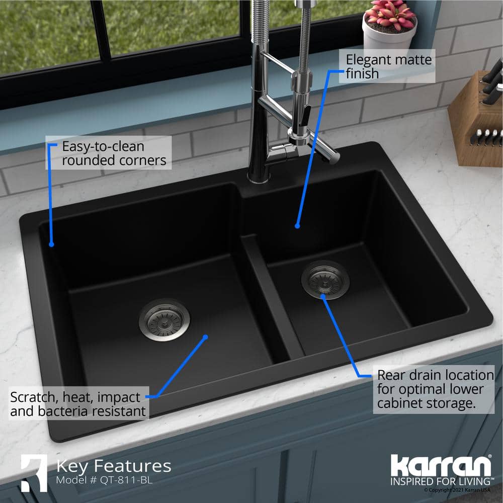 Black Quartz 33'' Double Bowl Top Mount Kitchen Sink