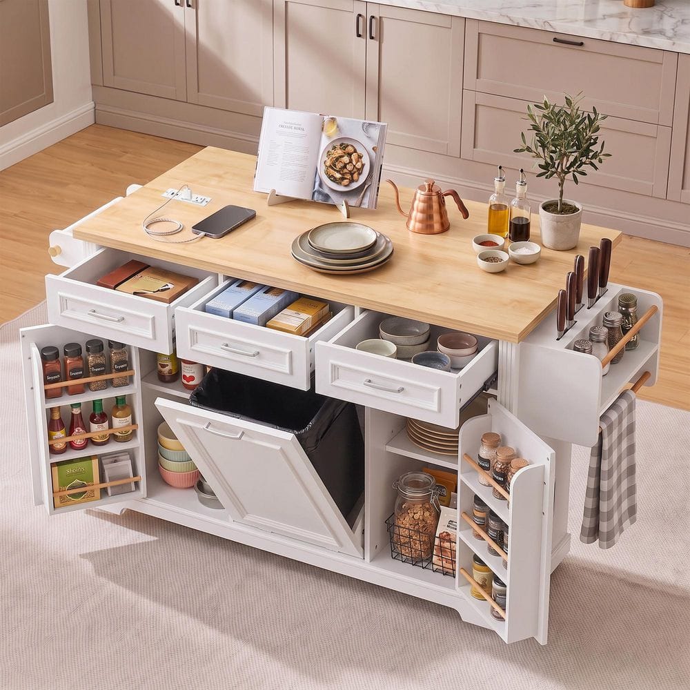 Harper & Bright Designs White Kitchen Cart with Drop Leaf, Trash Can ...