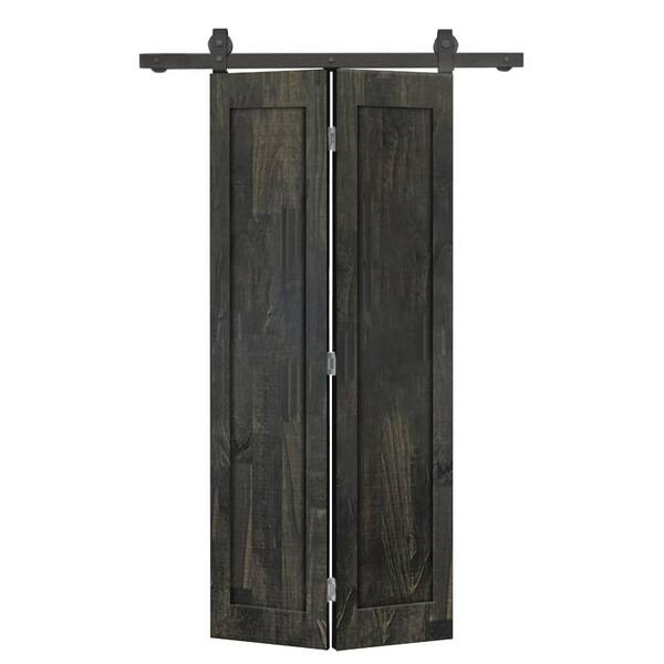 26 in. x 80 in. 1-Panel Shaker Hollow Core Charcoal Black Pine Wood Bi-fold Door with Sliding Barn Door Hardware Kit