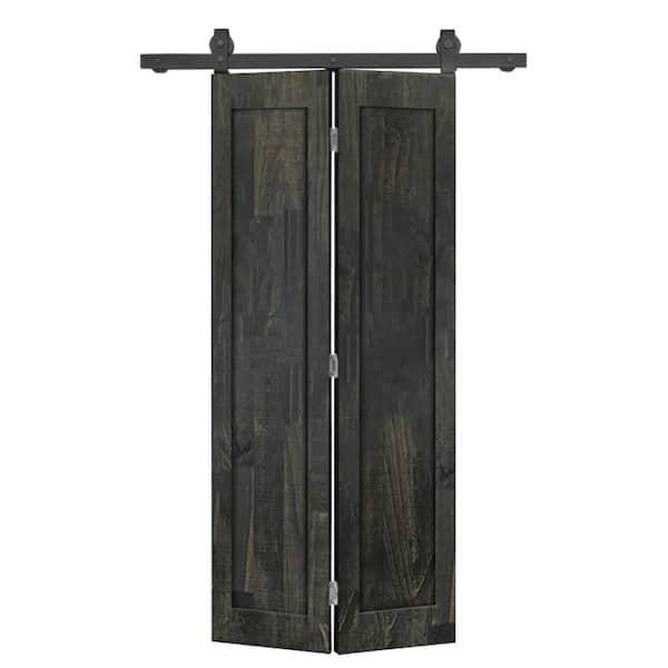 CALHOME 32 in. x 80 in. 1 Panel Shaker Hollow Core Charcoal Black Pine Wood Bi-fold Door with Sliding Barn Door Hardware Kit