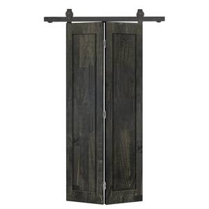 24 in. x 84 in. 1-Panel Shaker Hollow Core Charcoal Black Pine Wood Bi-fold Door with Sliding Barn Door Hardware Kit