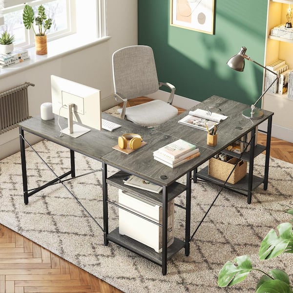 Two Person L Shaped Desk with Adjustable Shelves Vintage Light Grey