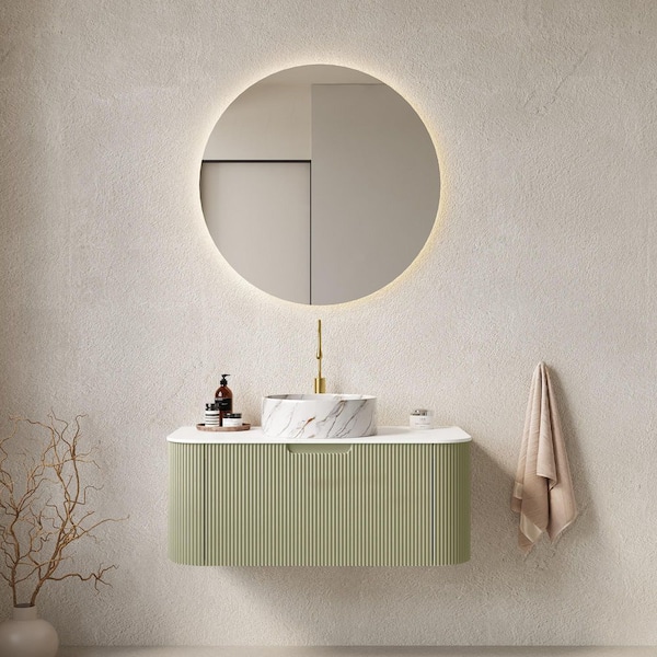 36 in. Single Sink Wall Mounted Light Green Bath Vanity with White Stone Top and Drawer Storage Cabinet Assembled