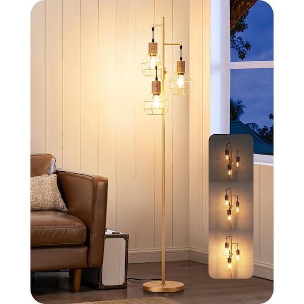 65 in. Gold Industrial 3-Light Standard Smart Dimmable Floor Lamp for Living Room with 3 LED Edison Bulbs
