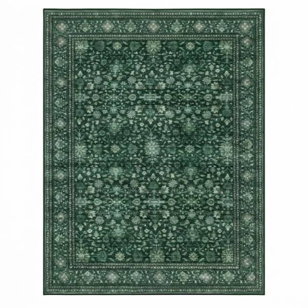 5'x7' Deep Green Distressed Floral Washable Non-Slip Area Rug