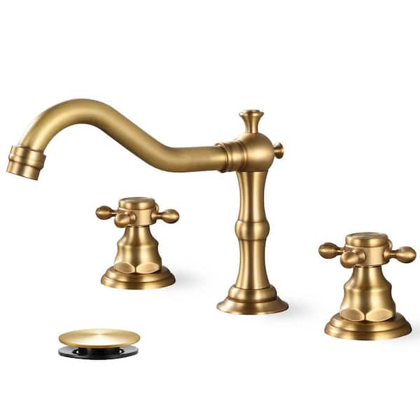Double Handle 8 in. Widespread Bathroom Faucet 3-Hole Waterfall Bathroom Sink Faucet with Pop-Up Drain in Antique Brass