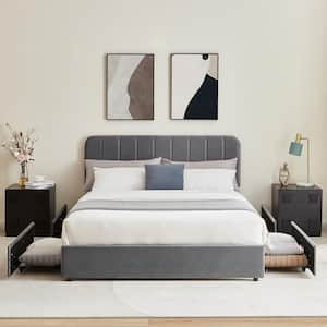 Upholstered Bed Gray Metal Frame Full Size Platform Bed with 4-Storage Drawers and Headboard, Wooden Slats Support