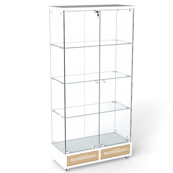 Natural Plus White 5-Tier Modern Glass Display Cabinet Empered Glass Bookshelf with Large Drawers, LED Lights, 4-Shelves