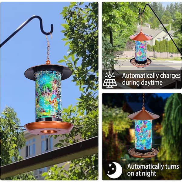 13 in. H Multi-Color Solar Powered Outdoor Hanging Bird Feeder with LED Garden Lantern