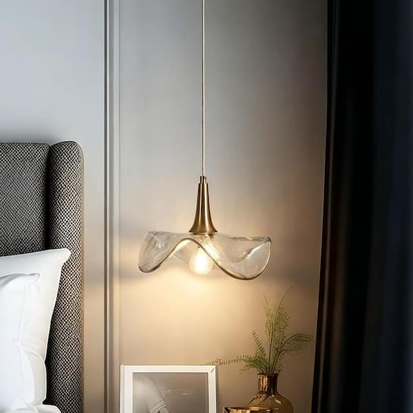 1-Light Plated Brass Handmade Glass Wave Pendant Light, Modern Retro Kitchen Island Staircase Foyer Flower Hanging Light