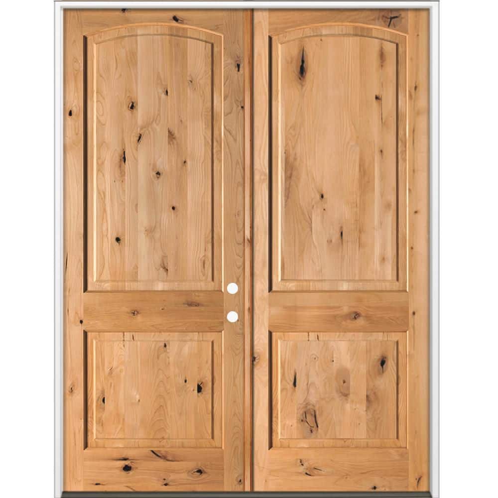 60 in. x 96 in. Rustic Knotty Alder 2-Panel Arch-Top Active Left Double BEHR Cedar Stain Wood Prehung Front Door price history on PriceWatchPro