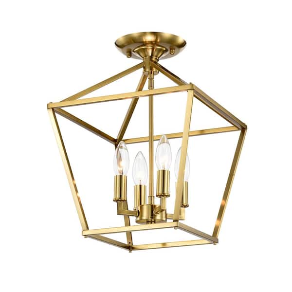 Edvivi Renzo 12 in. 4-Light Gold Cage Lantern Farmhouse Semi- Flush Mount