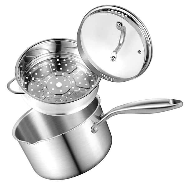 Numhew 3-Piece 3.5 qt. Stainless Steel Tri-ply Full Body Sauce Pan with Steamer Basket and 2-Size Drainage Holes Lid