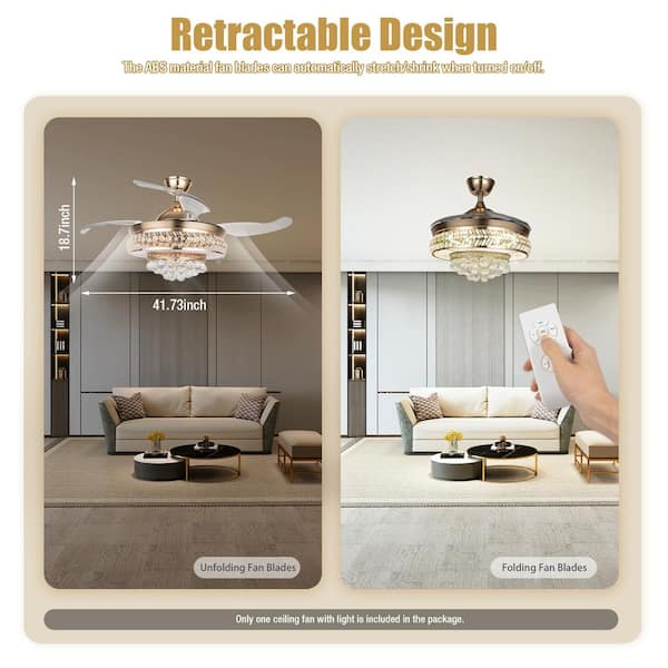 OUKANING 42 in. Gold Modern Luxury Crystal Indoor Integrated